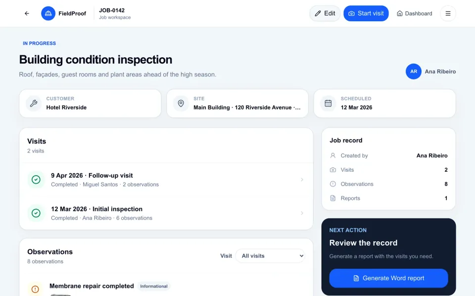 FieldProof: an inspection job page with visits, observations and the job record (fictional demo data).